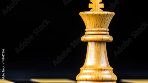 Close-up of a wooden white chess king piece on a chessboard. photo