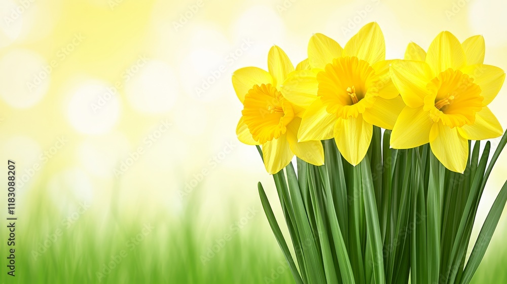 Fototapeta premium Spring Daffodils in Sunny Meadow, Vibrant Yellow Blooms
