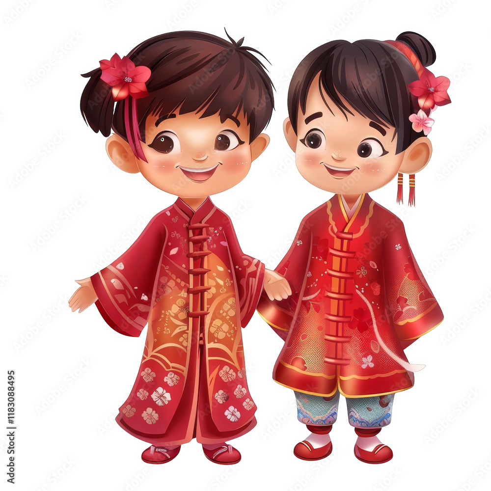 Two smiling children in traditional Chinese clothing. Two smiling children in traditional Chinese clothing.