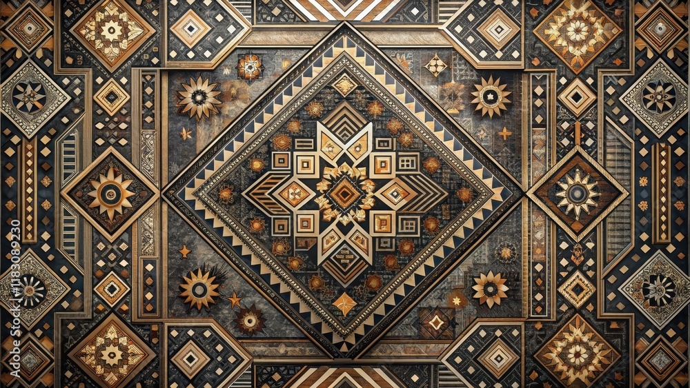 Intricate Wooden Mosaic Pattern Geometric Shapes and Floral Designs in a Complex Arrangement Intricate Wooden Mosaic Pattern Geometric Shapes and Floral Designs in a Complex Arrangement