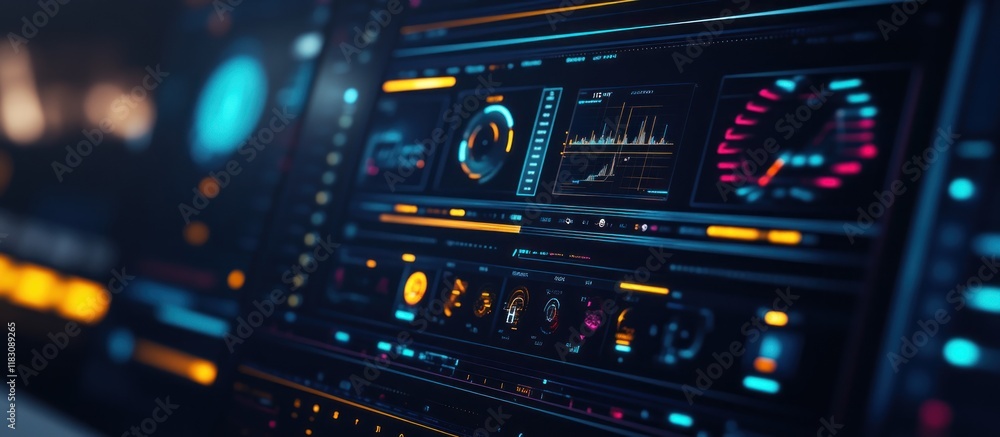 Futuristic digital dashboard display with graphs, charts, and speedometer. Futuristic digital dashboard display with graphs, charts, and speedometer.