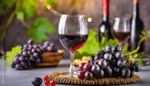 Red wine. Red wine and a wine glass. The background is an image of grapes.