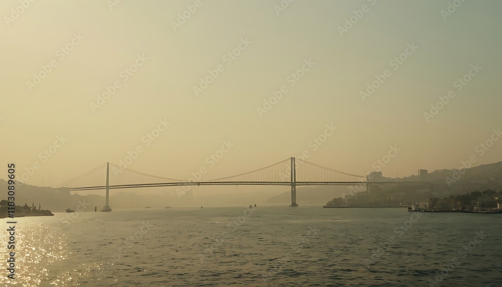 Obraz premium Foggy Morning Over the Bosphorus Strait with Bridge and Skyline. 20