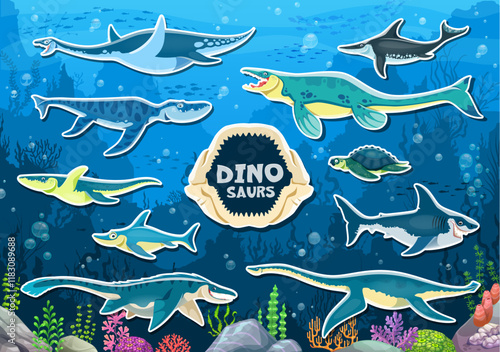 Prehistoric underwater dinosaurs stickers pack. Cartoon vector set of patches with ancient sea creatures and marine life at the ocean environment with seaweeds and coral reef. Water dino animals