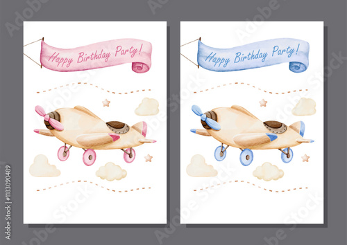 Watercolor Vector set of Blue and Pink Vintage Airplanes for Invitation Card Template Design