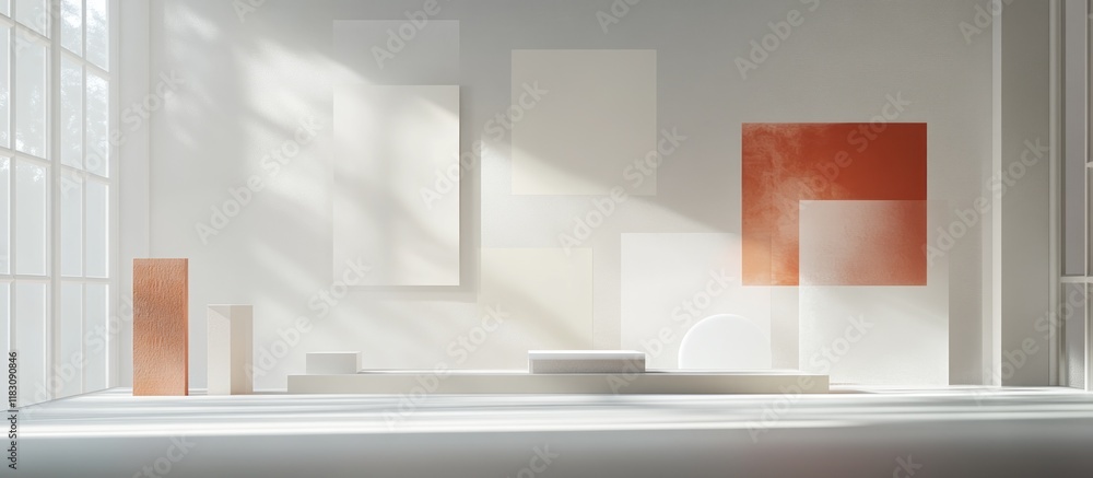 Fototapeta premium Minimalist white room interior with geometric shapes and sunlight.