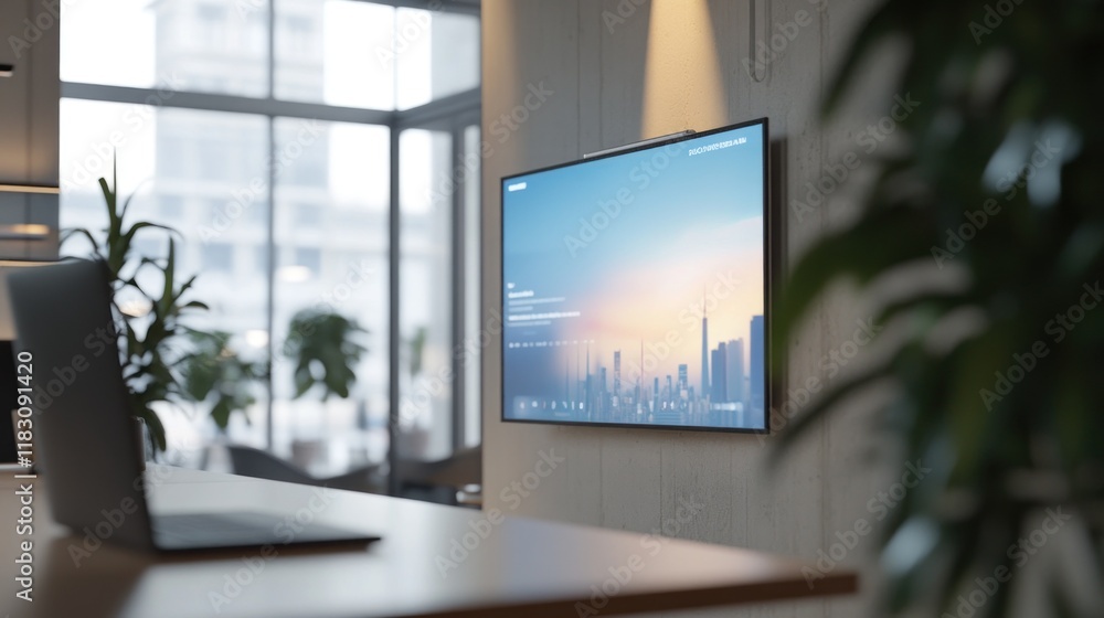 Fototapeta premium Modern office interior with large screen displaying cityscape and laptop on desk.