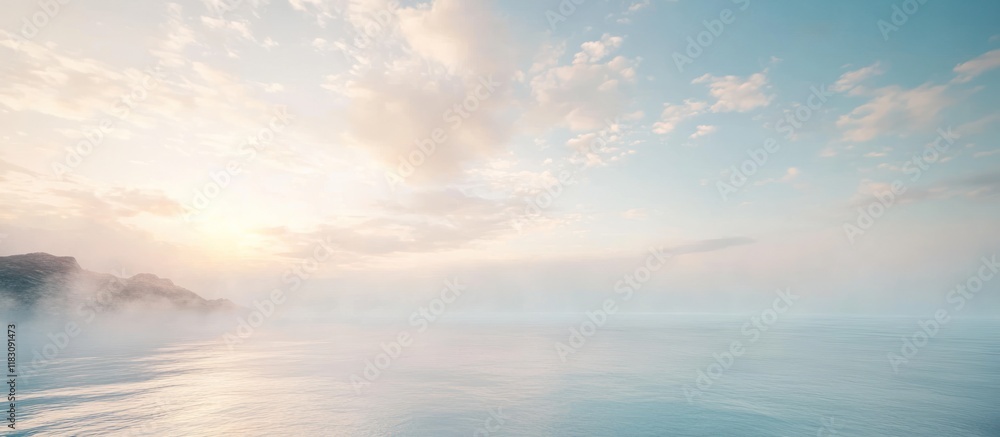 Serene sunrise over misty water and rocky shore. Serene sunrise over misty water and rocky shore.