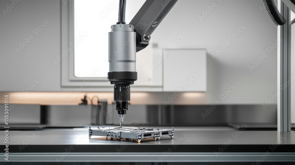 Robotic arm precisely assembling electronic component on a table in a cleanroom. Robotic arm precisely assembling electronic component on a table in a cleanroom.