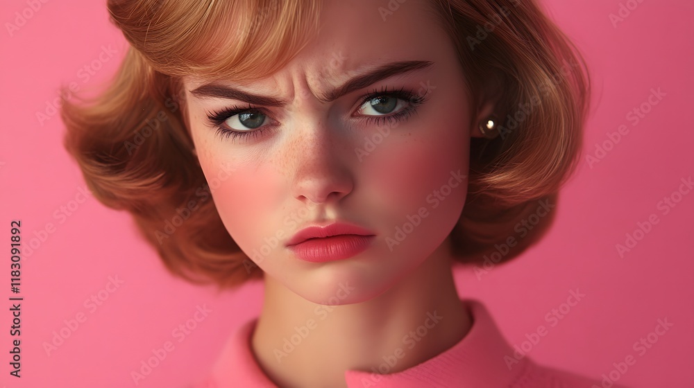 A young woman with a confused expression, eyebrows furrowed and lips pursed, against a soft pink background A young woman with a confused expression, eyebrows furrowed and lips pursed, against a soft pink background