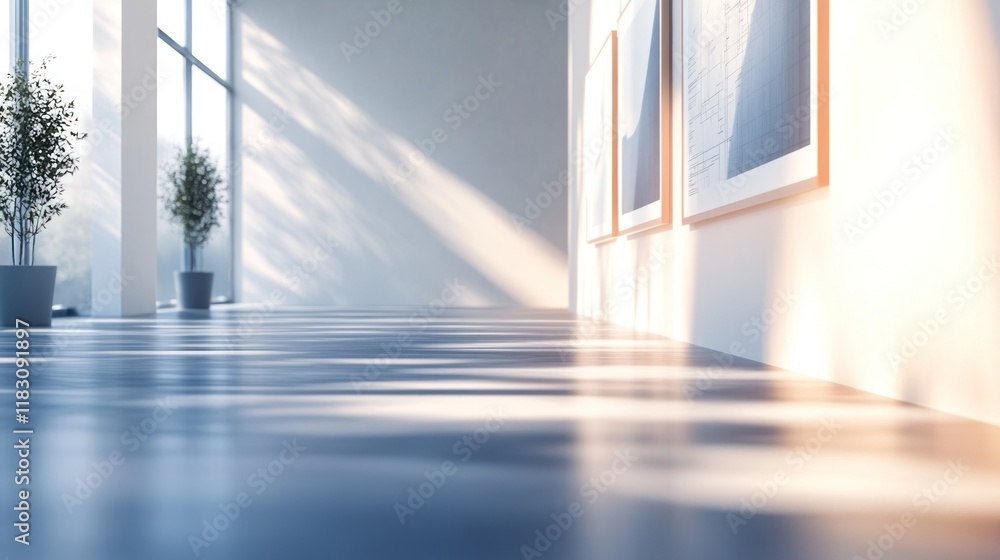 Fototapeta premium Sunlit modern gallery interior with plants and artwork.