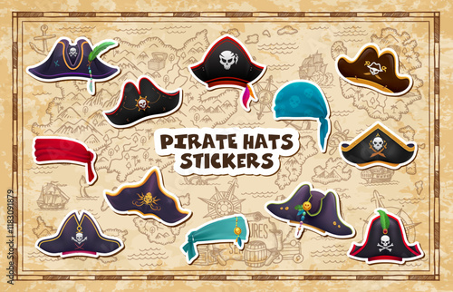 Stickers pack of pirate hats, corsair captain tricorns and sailor bandanas. Cartoon vector set of carnival buccaneer, filibuster, seaman headwear or scarves, rover caps with feathers and jolly rogers