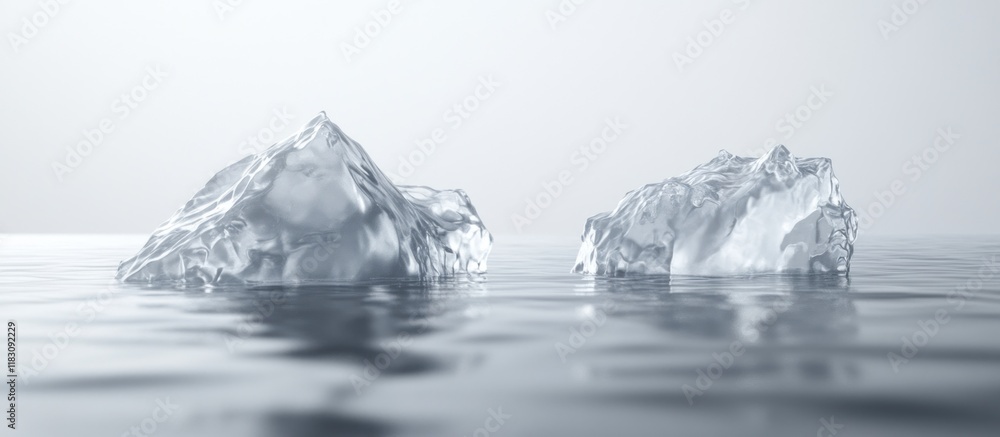 Two glacial icebergs float on calm water, reflecting light. Two glacial icebergs float on calm water, reflecting light.
