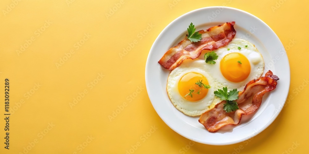 A simple breakfast of fried eggs and crispy bacon on a white plate against a yellow background A simple breakfast of fried eggs and crispy bacon on a white plate against a yellow background