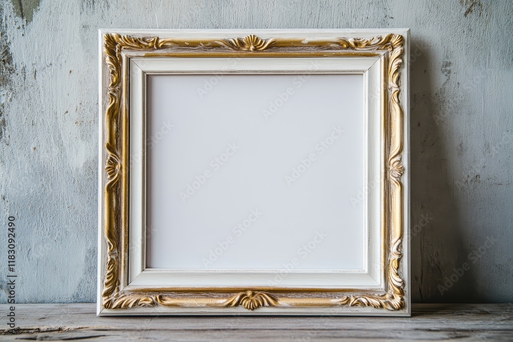 Empty ornate frame on rustic wood, textured wall background; mockup Empty ornate frame on rustic wood, textured wall background; mockup
