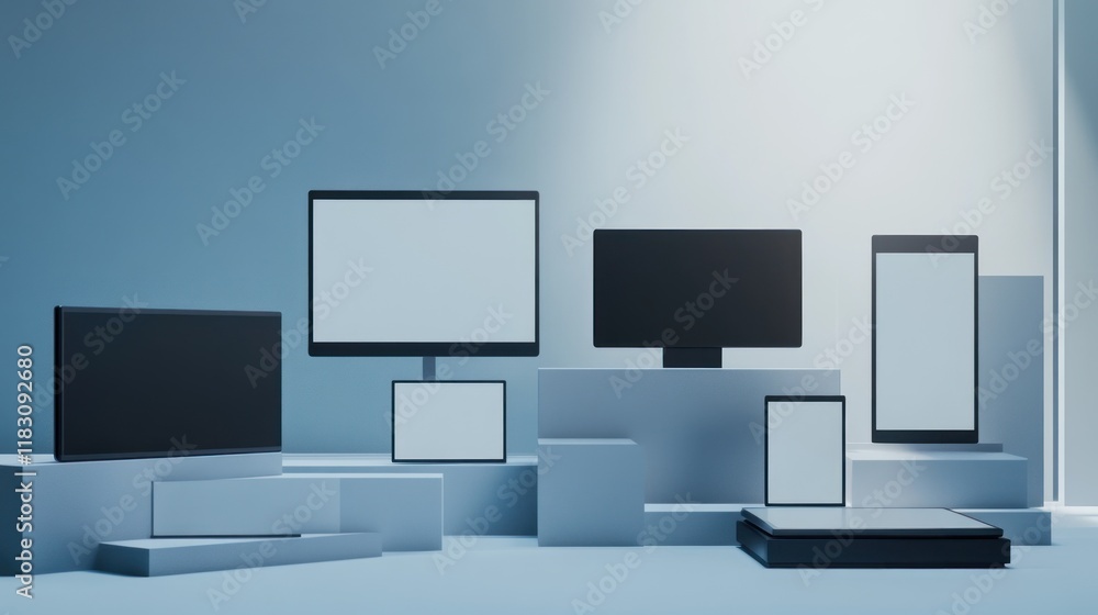 Modern devices on geometric platforms, blank screens, technology mockup. Modern devices on geometric platforms, blank screens, technology mockup.