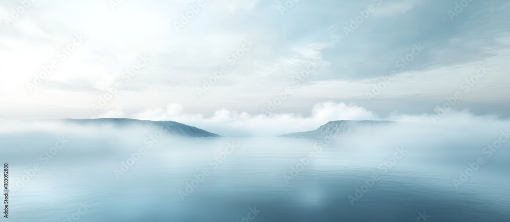 Fototapeta premium Misty mountain landscape with soft light and clouds.