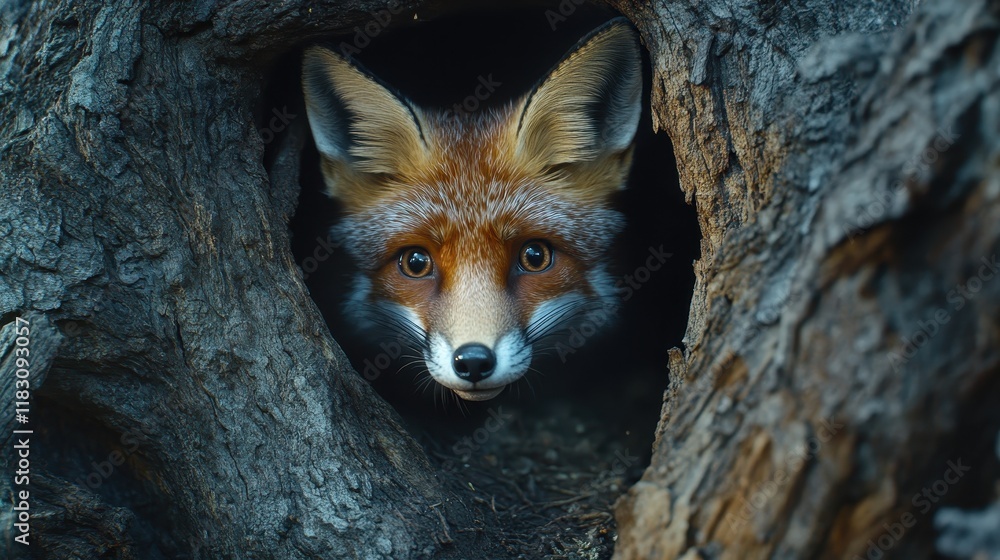 Fototapeta premium Red fox peering from a tree hollow, intense gaze. Perfect for wildlife, nature, or mystery themes; evokes curiosity and alertness.