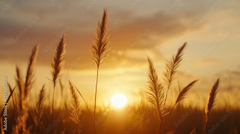 A serene sunset illuminates tall grasses, creating a peaceful atmosphere with warm hues in the sky.