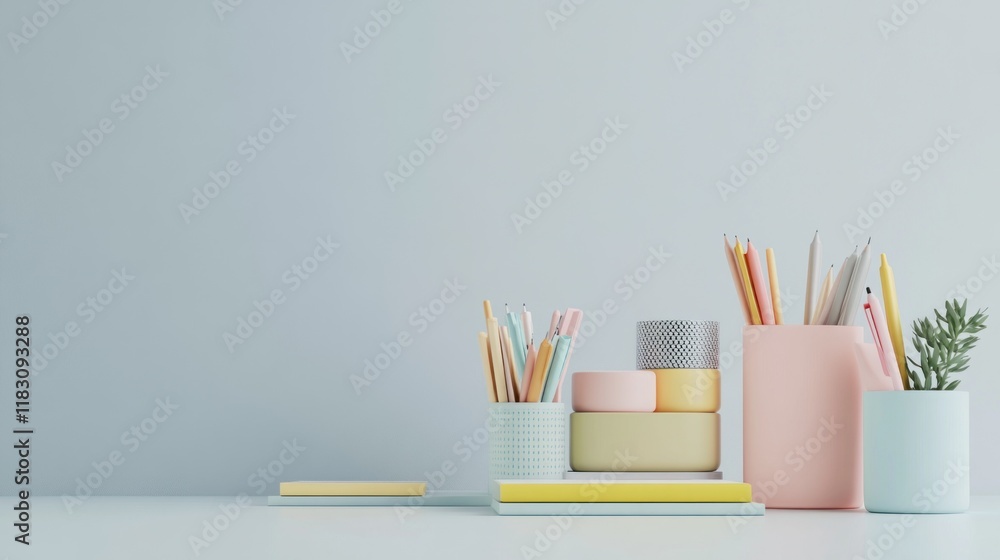 Obraz premium Pastel stationery and supplies on a desk against a light blue wall.