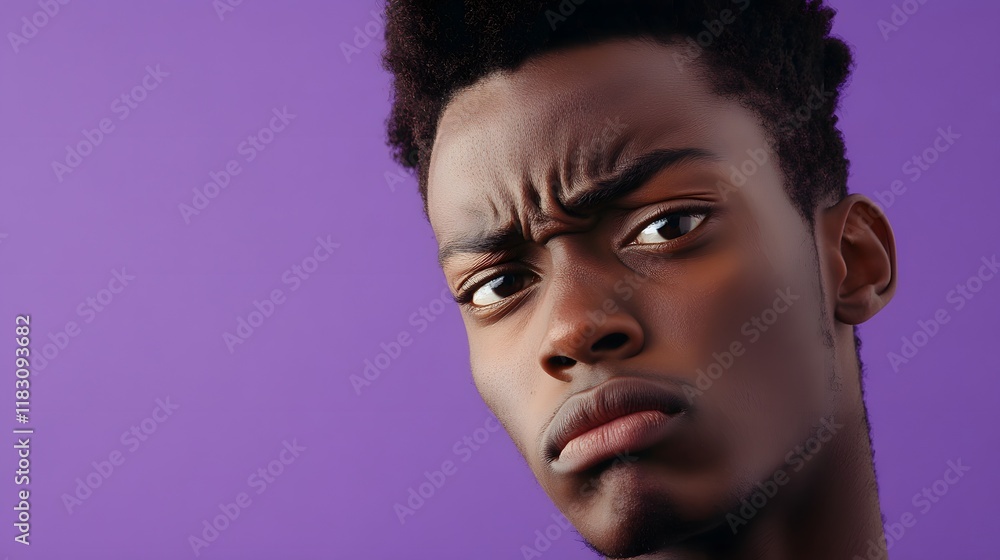 Fototapeta premium A person with a tense expression, eyes narrowed and mouth tight, against a solid purple backdrop