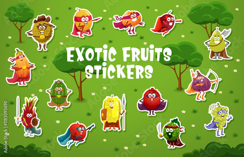 Stickers pack of superhero fruit characters. Hero durian, melon, papaya and kiwi, fig, pitaya, dragon fruit cartoon cute personages vector stickers. Ripe exotic fruits warrior or superhero characters