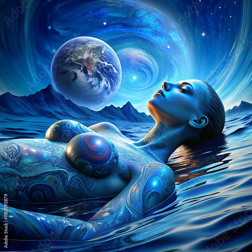 Female nymph swimming in the ocean on the background of the planet Venus. Allegorical composition in blue tone.