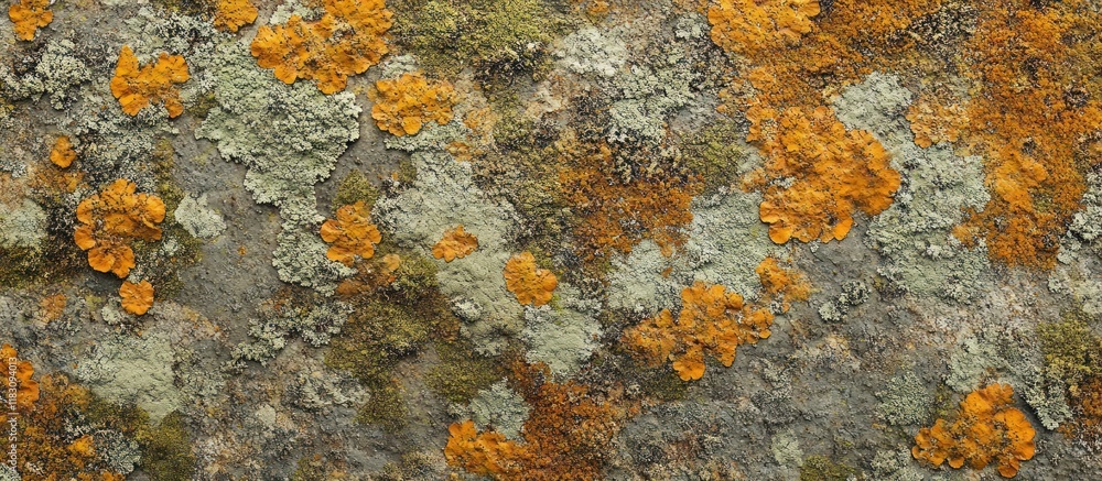 Close-up of orange and grey lichen on rock surface. Close-up of orange and grey lichen on rock surface.