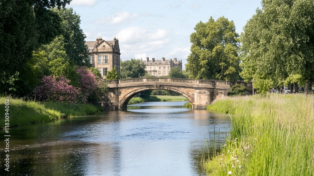 Fototapeta premium Stone Bridge River Scene Tranquil Summer Day