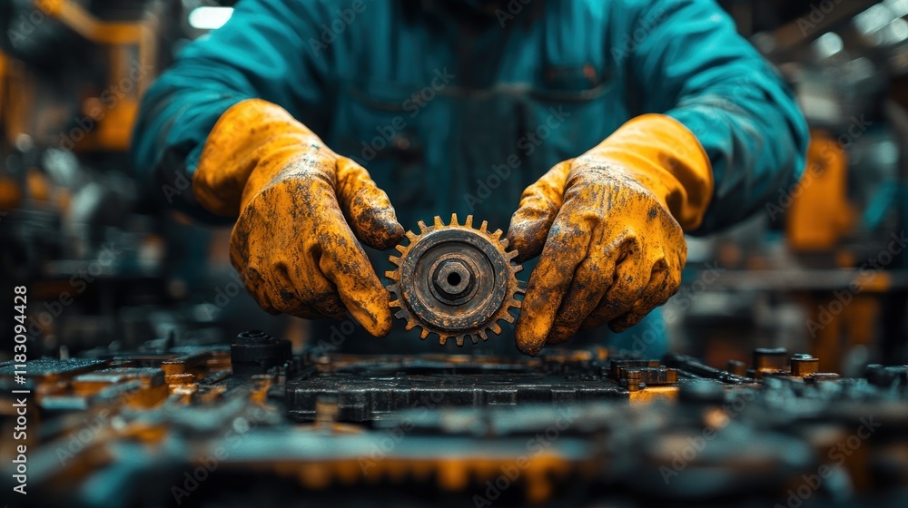 A worker in gloves holds a cogwheel above a mechanical assembly, showcasing industrial craftsmanship. A worker in gloves holds a cogwheel above a mechanical assembly, showcasing industrial craftsmanship.