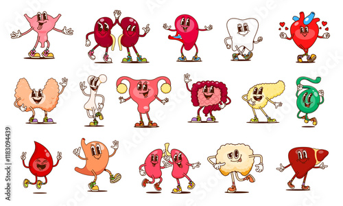 Groovy human body organ characters, vector anatomy, education. Cartoon retro psychedelic liver, heart, kidney and stomach internal organs. Hippie groovy lungs, pancreas, spleen and blood personages