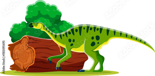 Cartoon prehistoric maiasaura dinosaur character. Isolated vector green dino with spots standing by a tree stump in a grassy area landscape. Ancient herbivore reptile from the Late Cretaceous period