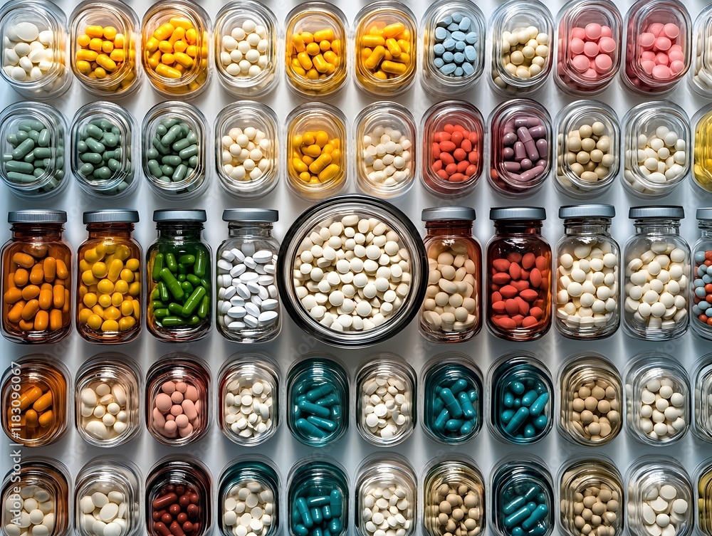 Fototapeta premium Composed Array of Pill Bottles and Capsules for Magazine Cover