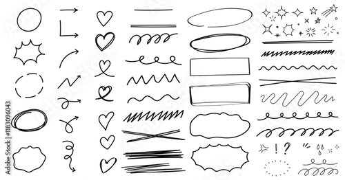 Set of scribble doodle underline emphasis line shape. Design element in childish drawing style