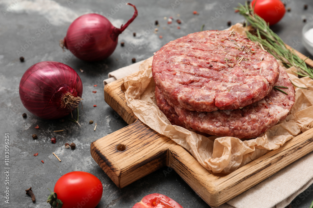 Cutting board with raw meat cutlets on grey grunge background, closeup Cutting board with raw meat cutlets on grey grunge background, closeup