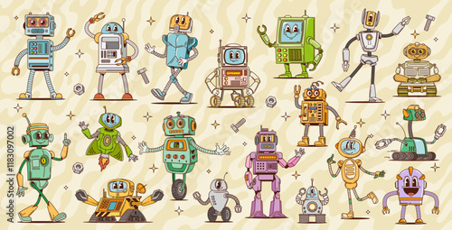 Retro groovy robot characters, cartoon vintage cute bot toys, humanoid droids and AI cyborgs. Vector psychedelic hippie personages of retro transformer robots and alien monsters, groovy tin machines