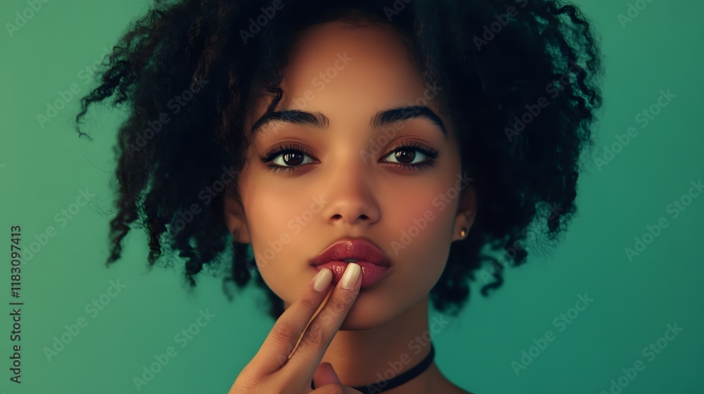 A person with a deep, contemplative look, fingers touching their lips, against a clean green backdrop A person with a deep, contemplative look, fingers touching their lips, against a clean green backdrop