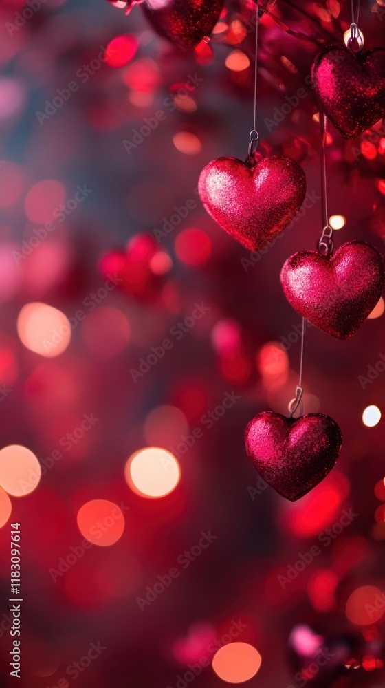 Elegant red heart shaped ornaments hanging on a blurred red backdrop with sparkling lights creating a romantic luxurious and high end atmosphere perfect for Valentine s Day weddings Elegant red heart shaped ornaments hanging on a blurred red backdrop with sparkling lights creating a romantic luxurious and high end atmosphere perfect for Valentine s Day weddings