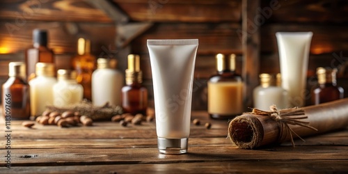 Luxurious Skincare Cream & Brown Glass Bottles on Rustic Wooden Table - Landscape Stock Photo