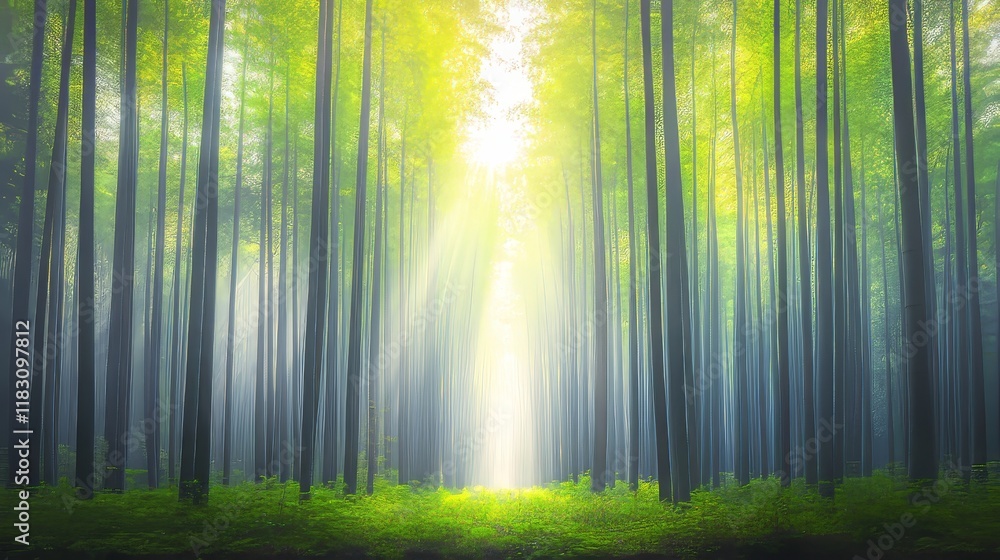 Naklejka premium Sunbeams Illuminate Serene Bamboo Forest Path