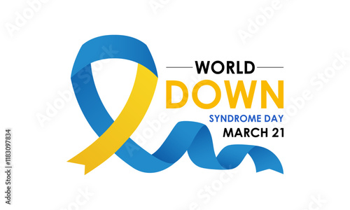 World down syndrome day is 21 march background design. Yellow and blue typography Vector illustration. Lots of Socks and Realistic ribbon banner, cards, prints, social media, poster design .eps 10. photo