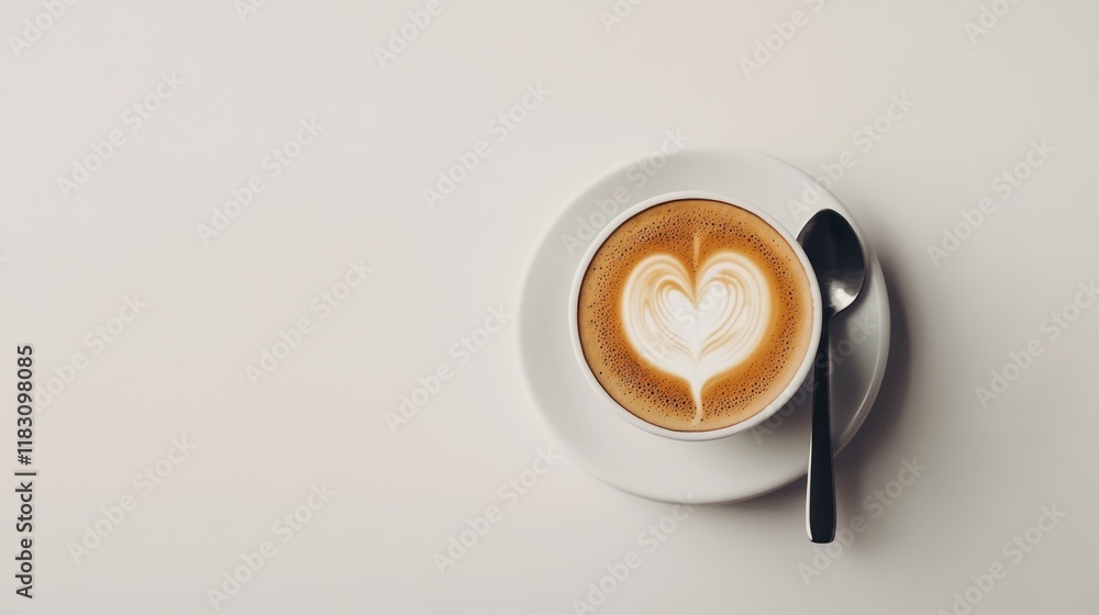 A beautifully crafted latte with a heart-shaped foam design sitting on a white ceramic saucer with a spoon A beautifully crafted latte with a heart-shaped foam design sitting on a white ceramic saucer with a spoon