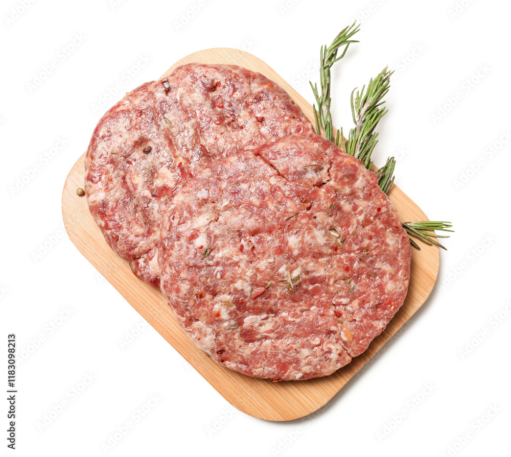 Wooden tray with raw meat cutlets isolated on white background Wooden tray with raw meat cutlets isolated on white background