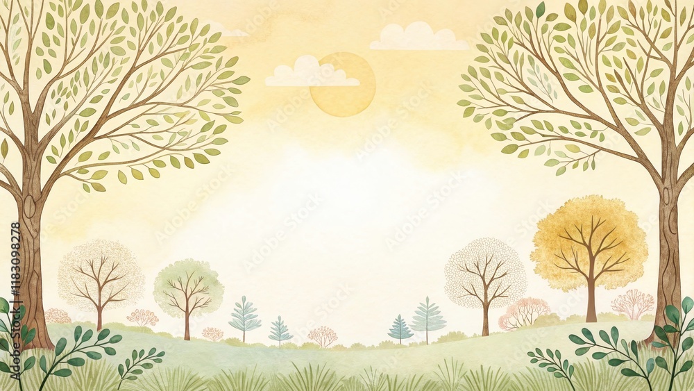 Obraz premium tree and sunny sky cute watercolor art illustration background