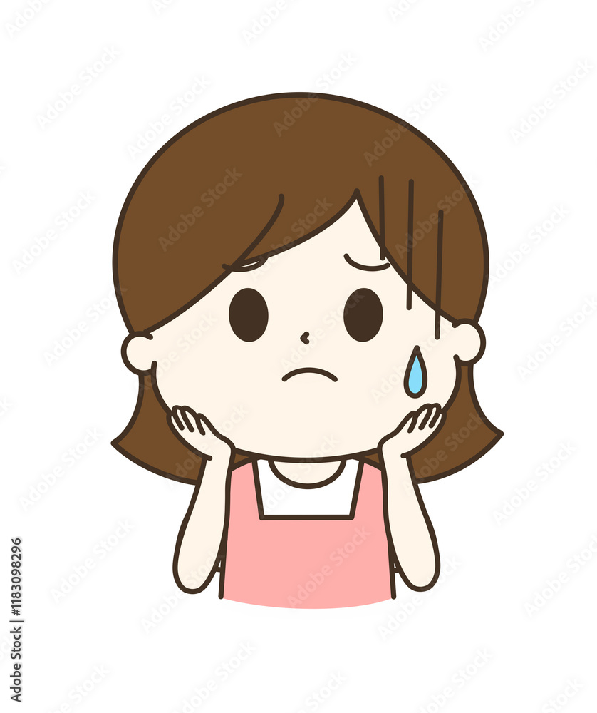 困って冷や汗をかいているエプロンの女性のゆるかわイラスト 困って冷や汗をかいているエプロンの女性のゆるかわイラスト