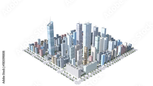 都市景観 高層ビル群 道路 交通 車両 太陽 光線 アイコン 抽象的 3DCG CGレンダリング画像