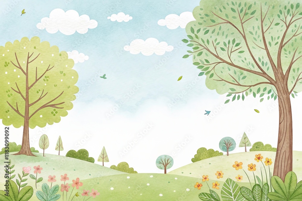 tree and sunny sky cute watercolor art illustration background tree and sunny sky cute watercolor art illustration background