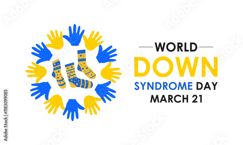 World down syndrome day is 21 march background design. Yellow and blue typography Vector illustration. Lots of Socks and Realistic ribbon banner, cards, prints, social media, poster design .eps 10.