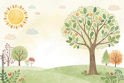 tree and sunny sky cute watercolor art illustration background