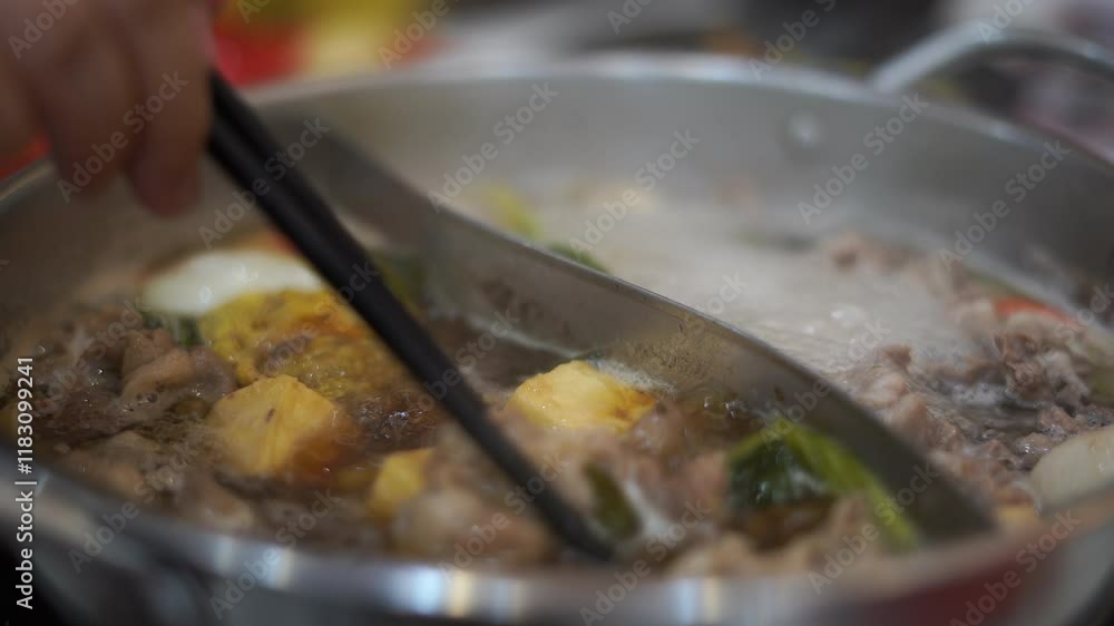shabu shabu or sukiyaki vegetable soup in electric cooking pot at Restaurant shabu shabu or sukiyaki vegetable soup in electric cooking pot at Restaurant